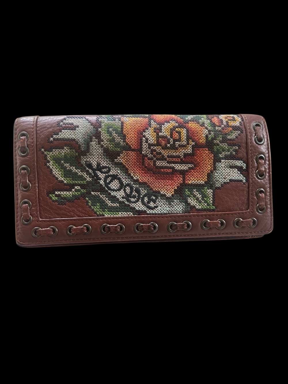 Isabella Fiore Brown Leather Wallet with Orange Rose Embroidery